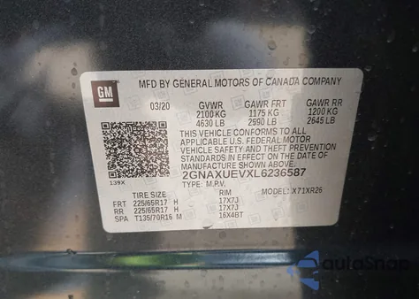 2020 Chevrolet Equinox Awd Lt 1.5L Turbo из США, поврежденный, VIN 2GNAXUEVXL6236587